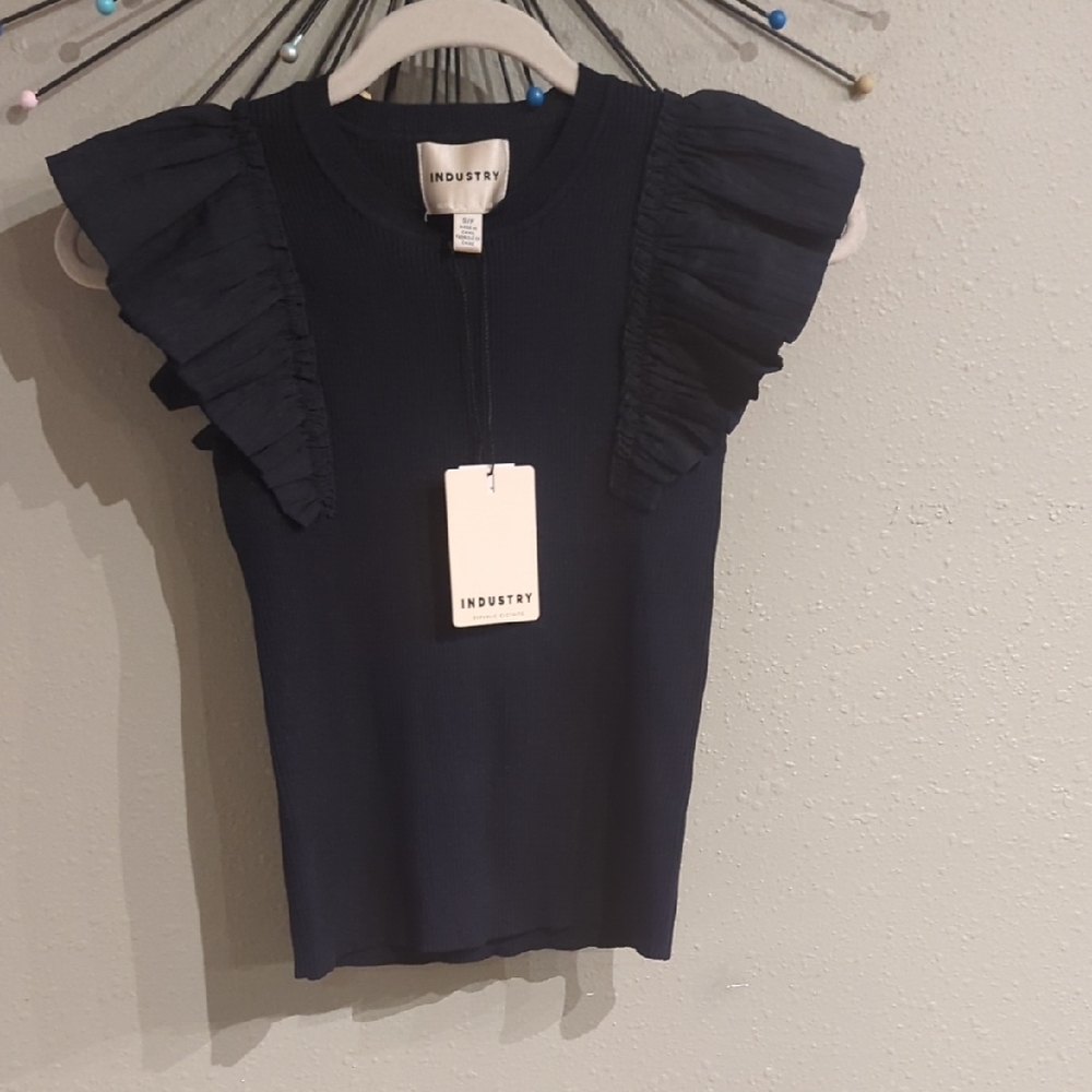 Industry Republic Clothing Women's Size Small Navy Blue Flutter Top Ribbed Nwt - Picture 3 of 12